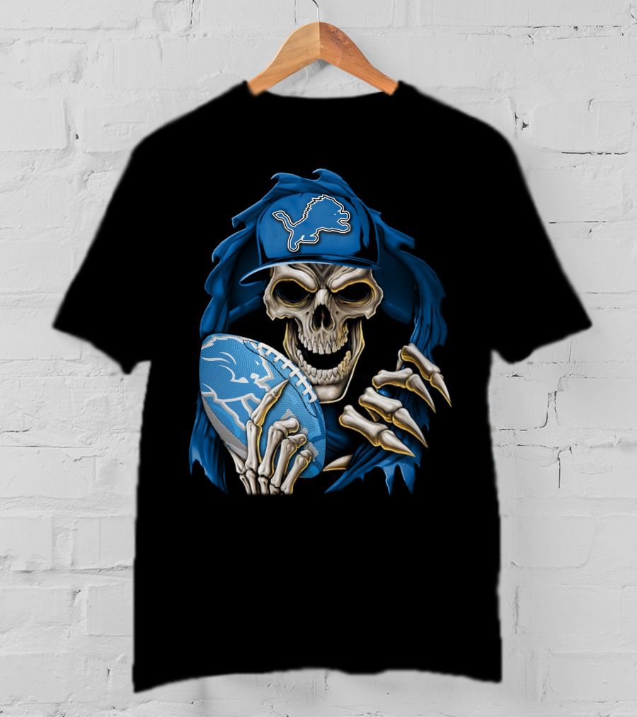 Skullbong Detroit Lions Skeleton With Football And Cap T-Shirt