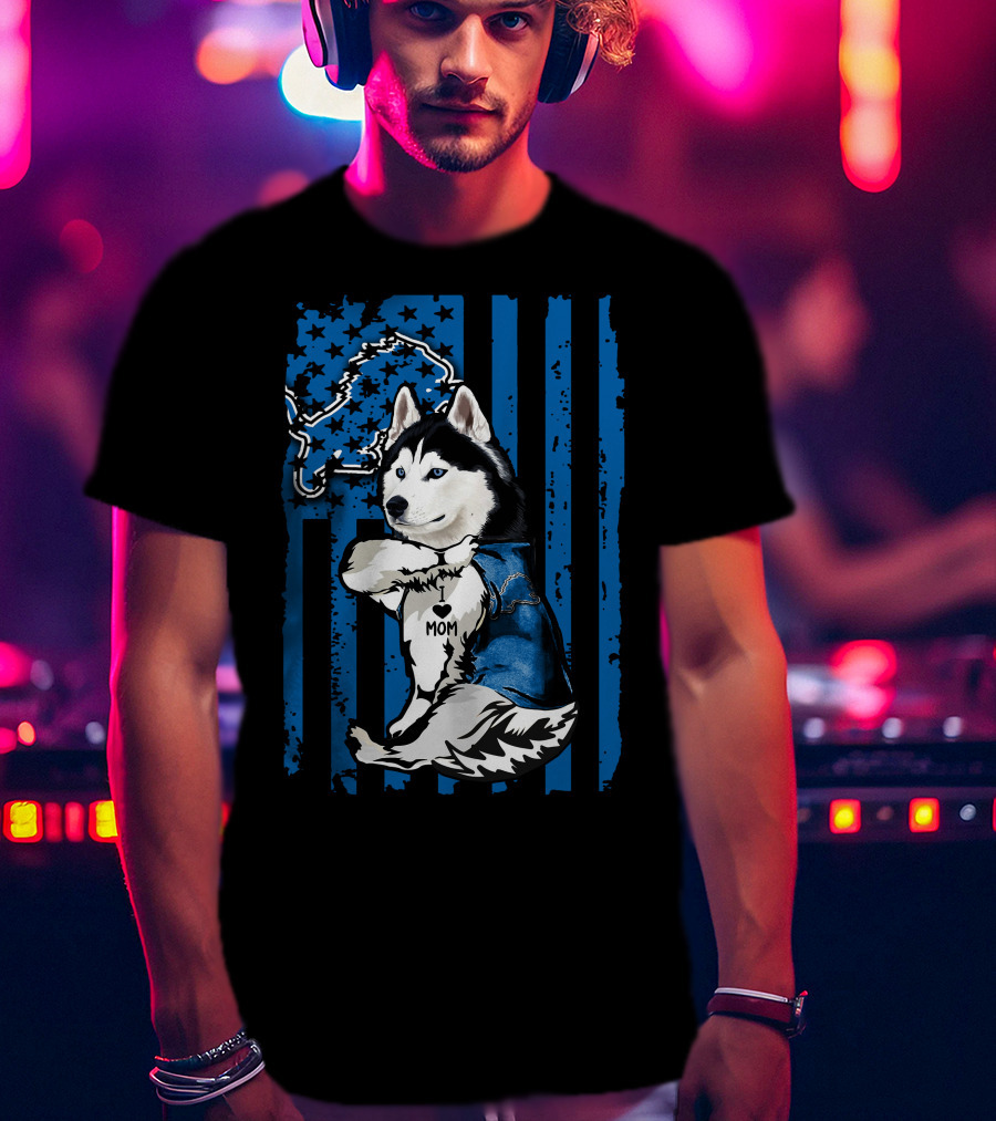 Siberian Husky Detroit Lions American Flag Mom T-Shirt