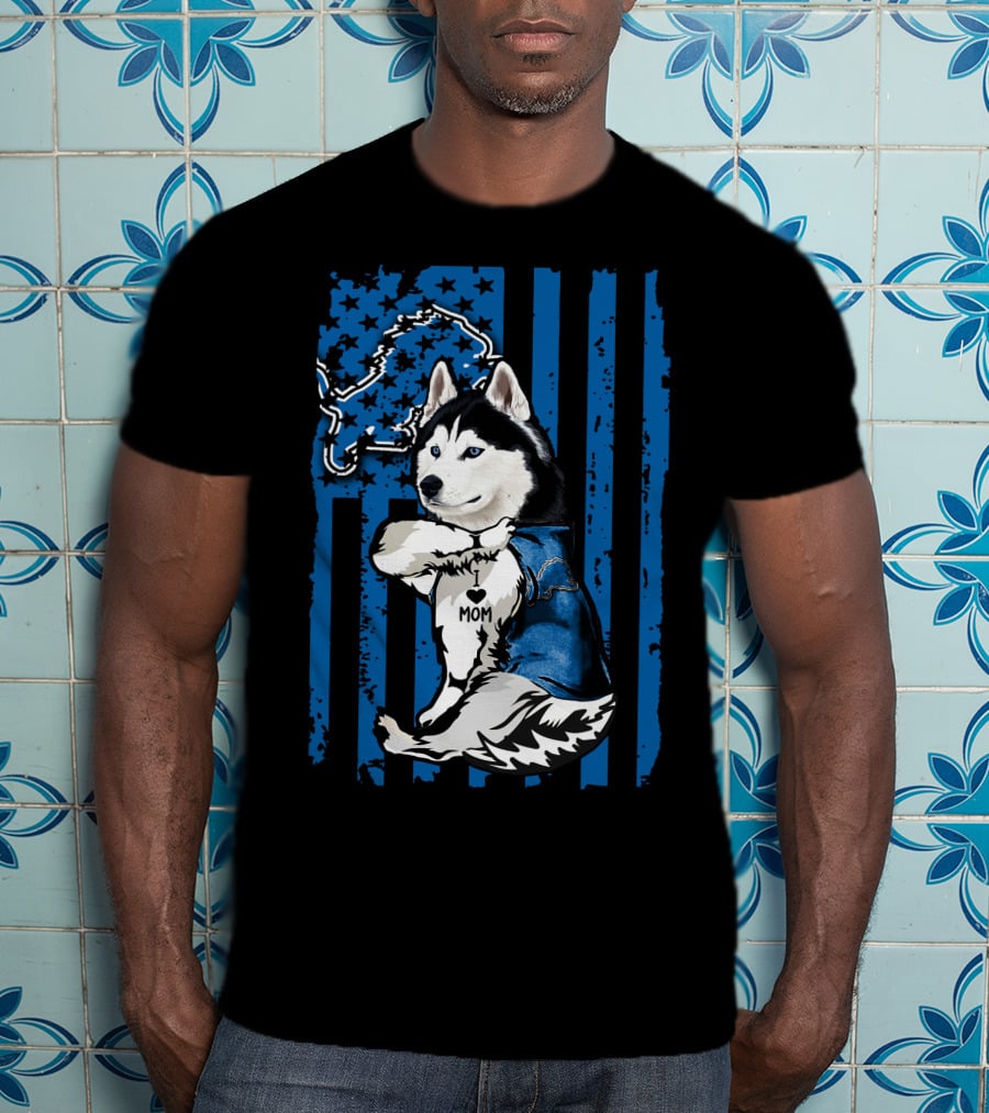Siberian Husky Detroit Lions American Flag Mom T-Shirt
