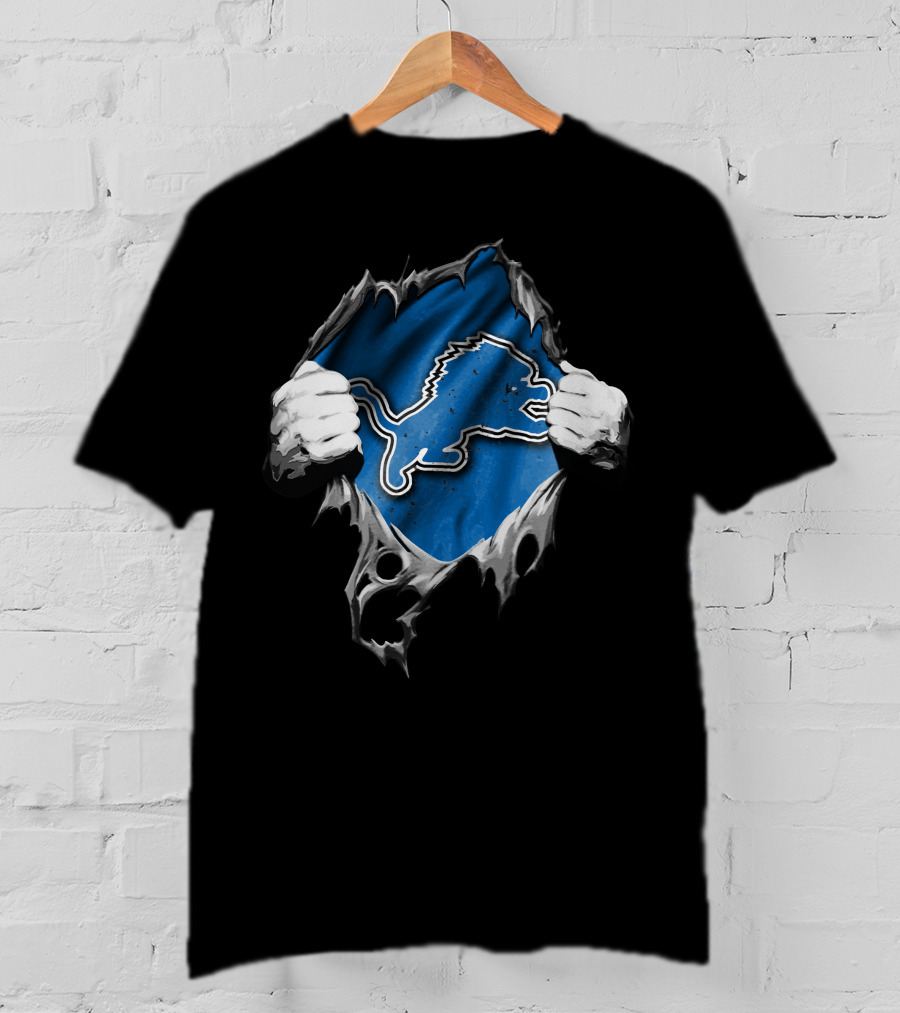 Detroit Lions Torn Hands Ripping Through Blue And Silver T-Shirt