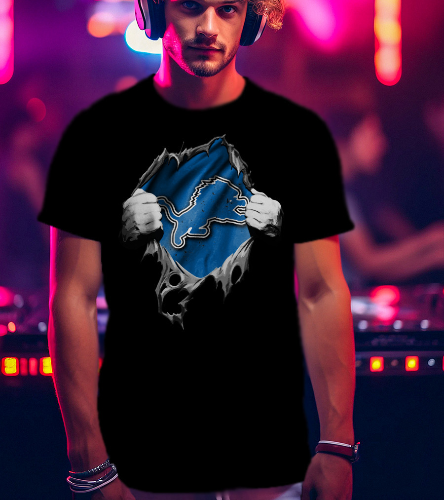Detroit Lions Torn Hands Ripping Through Blue And Silver T-Shirt