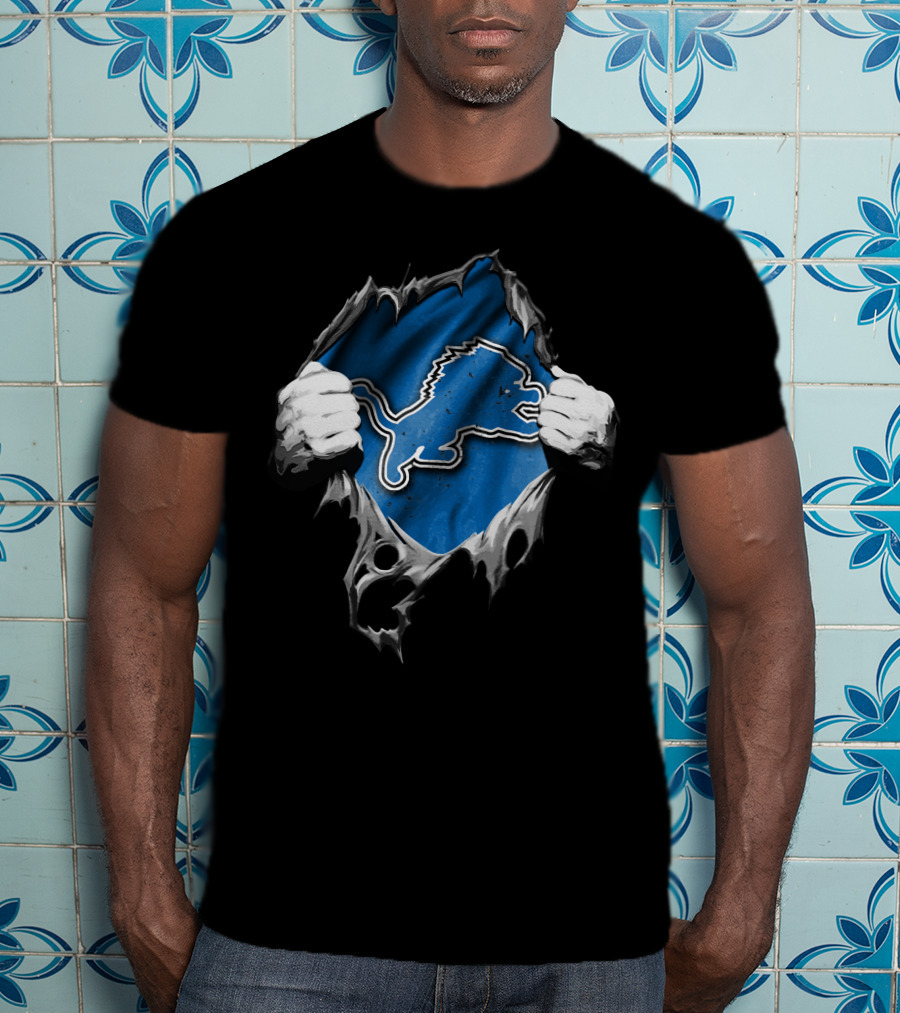 Detroit Lions Torn Hands Ripping Through Blue And Silver T-Shirt