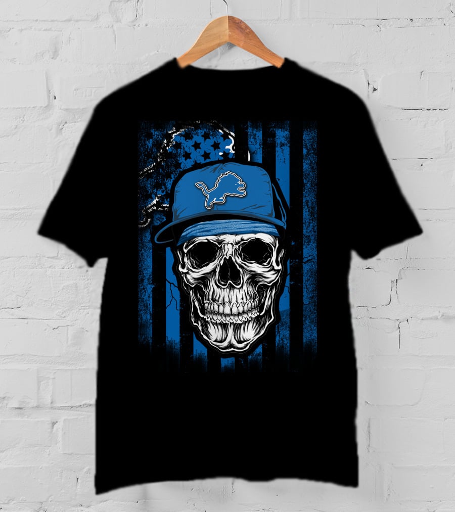 Skull Detroit Lions Blue Cap USA Flag Background T-Shirt