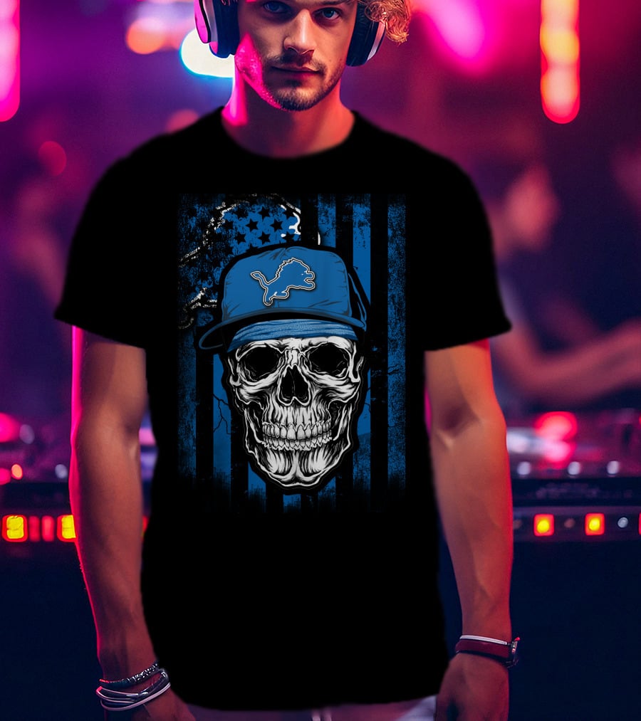 Skull Detroit Lions Blue Cap USA Flag Background T-Shirt
