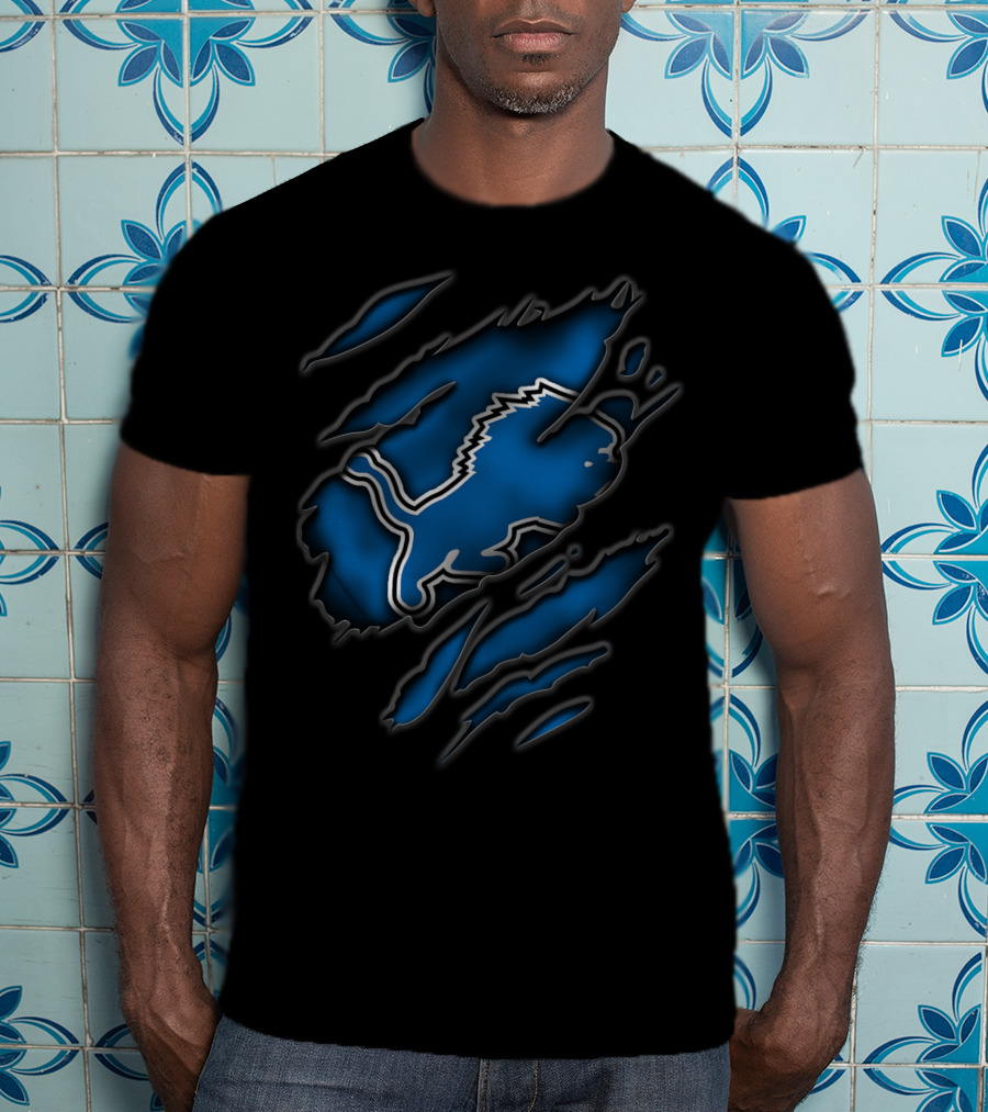 Torn Detroit Lions Blue And Black Rips T-Shirt