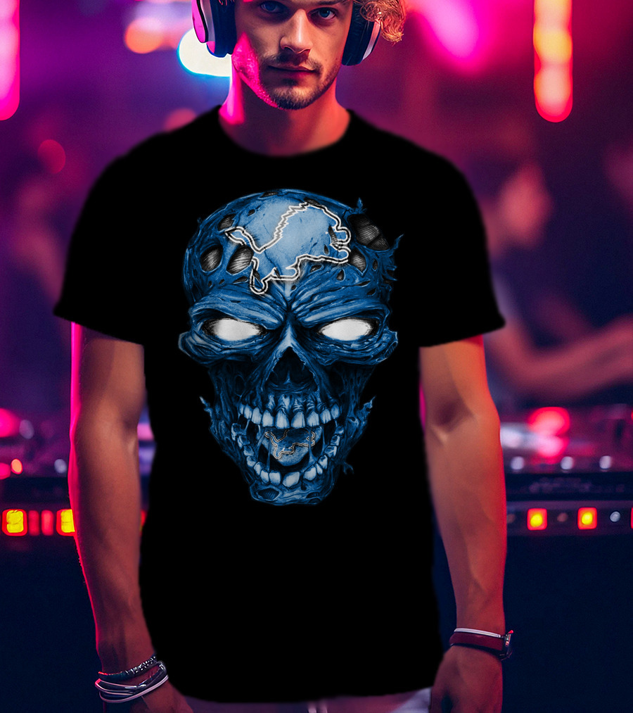 Skull Detroit Lions Blue Dark T-Shirt