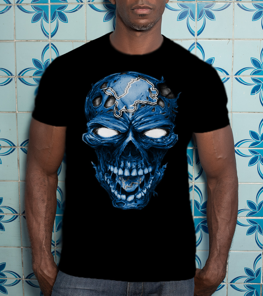 Skull Detroit Lions Blue Dark T-Shirt