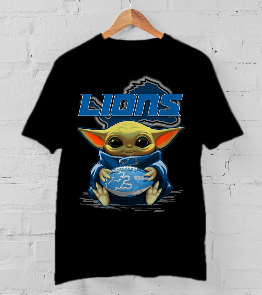 Lions Baby Yoda Holding Detroit Football Wilson T-Shirt