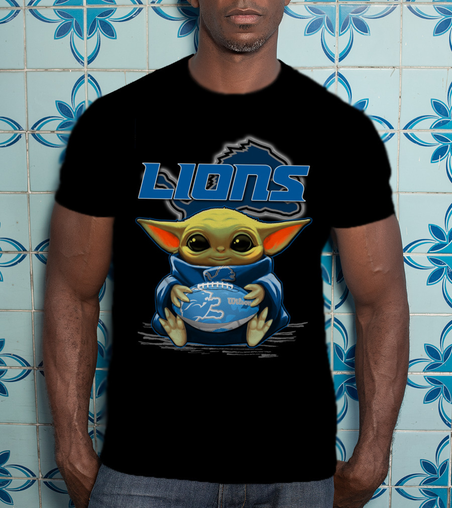 Lions Baby Yoda Holding Detroit Football Wilson T-Shirt