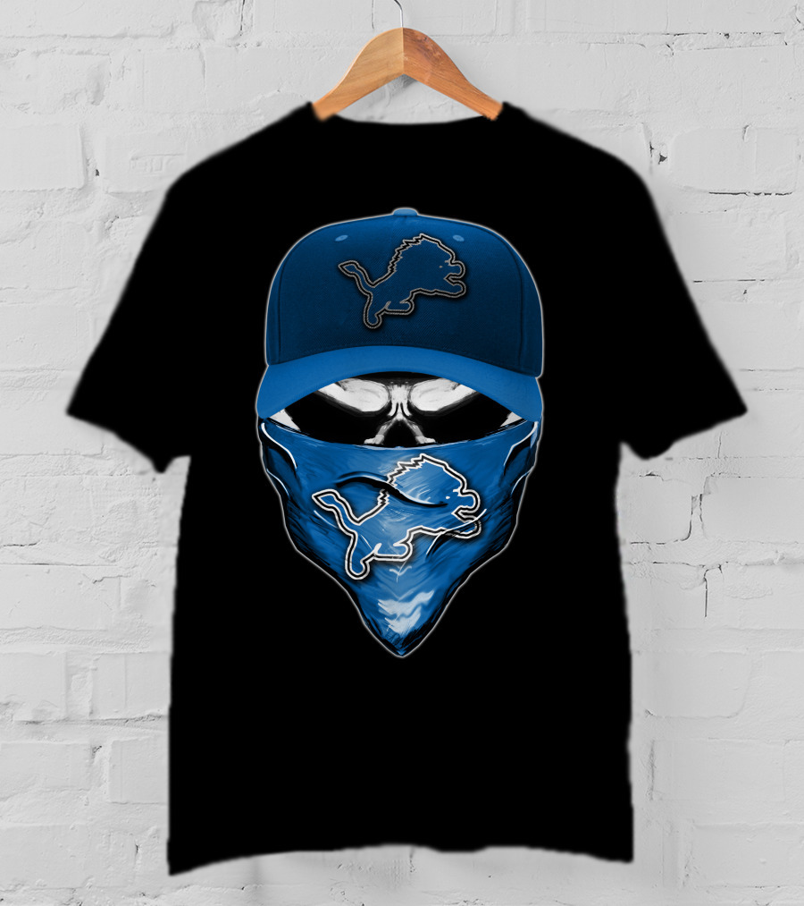 Skull Detroit Lions Hat And Mask T-Shirt