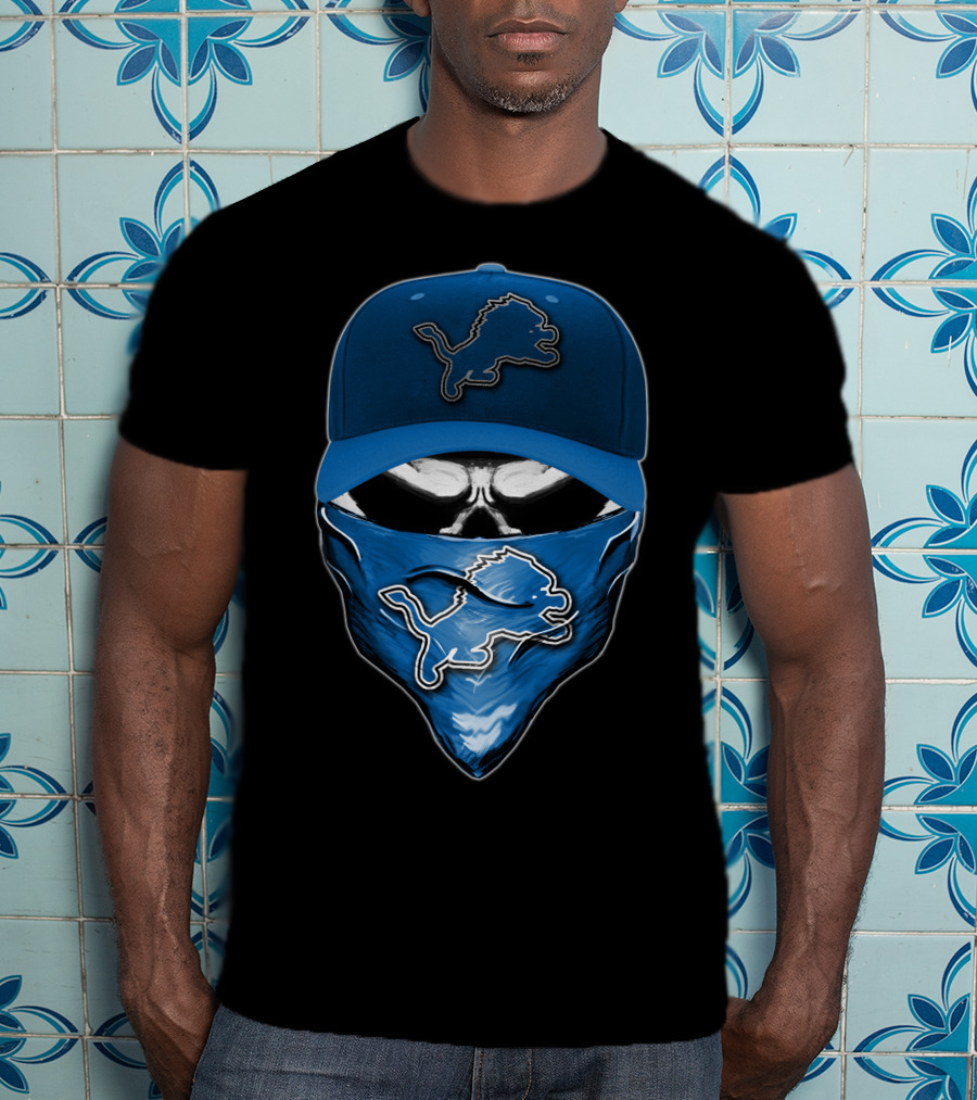 Skull Detroit Lions Hat And Mask T-Shirt
