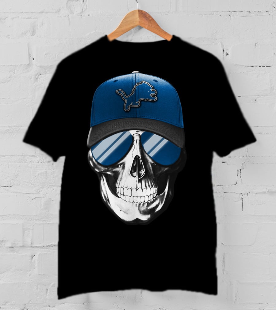 DETROIT LIONS Skull With Blue Cap And Sunglasses T-Shirt