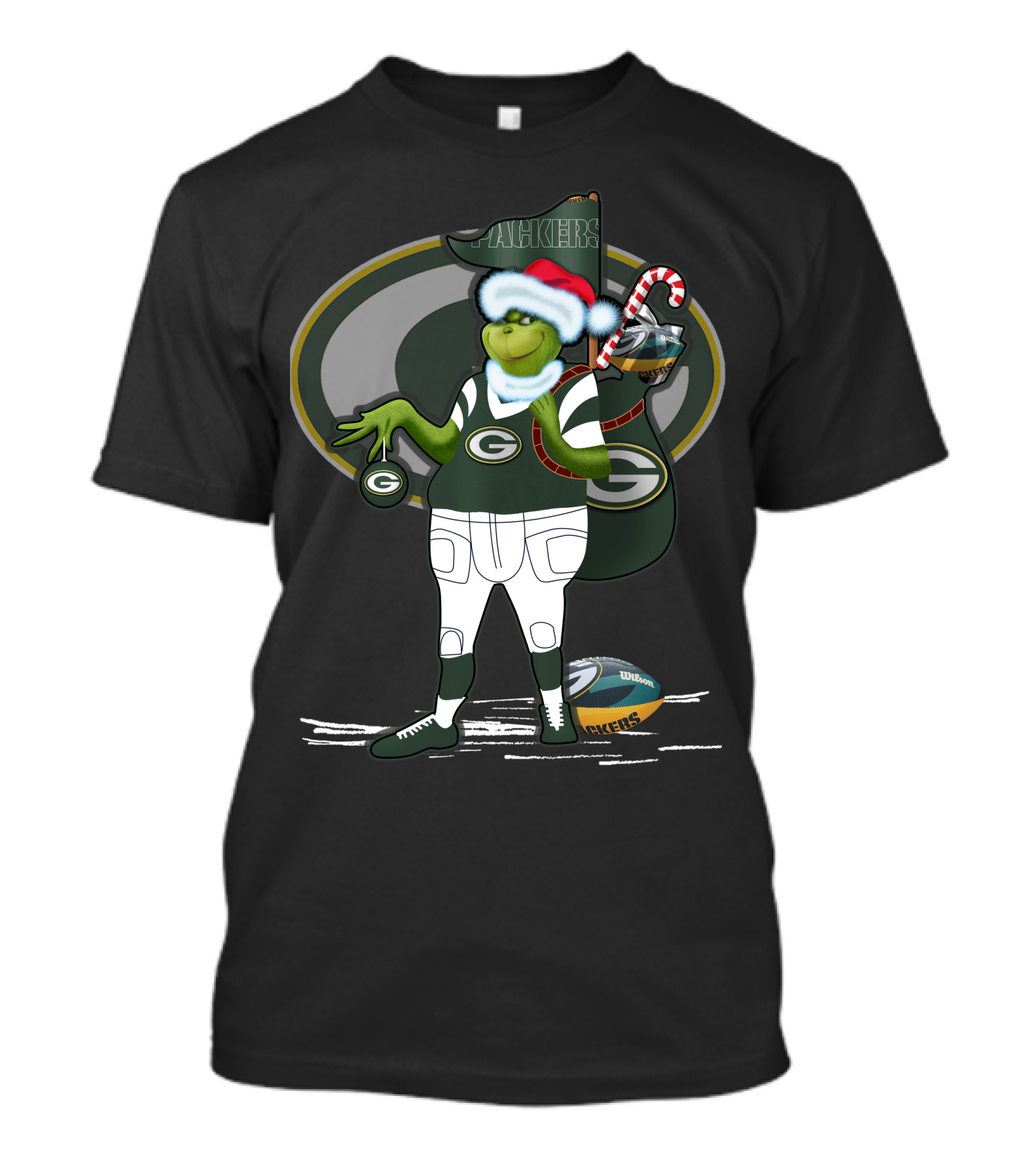 Grinchxmas Green Bay Packers Santa Hat Grinch Holding Helmet And Candy Cane T-Shirt