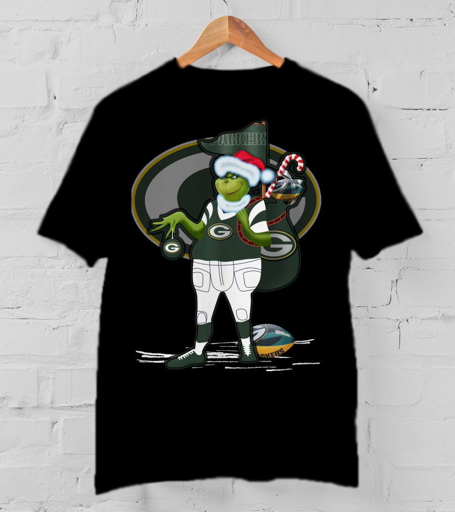 Grinchxmas Green Bay Packers Santa Hat Grinch Holding Helmet And Candy Cane T-Shirt