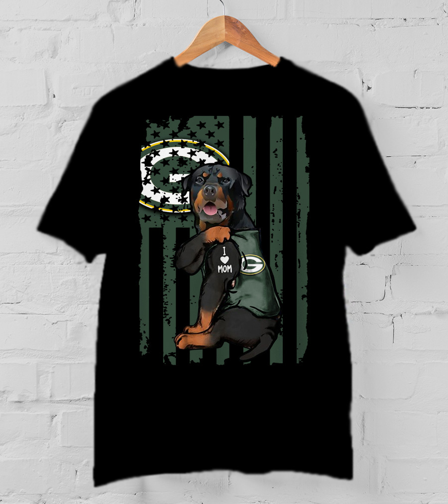 Rottweiler I Love Mom Green Bay Packers Logo Patriotic Flag T-Shirt