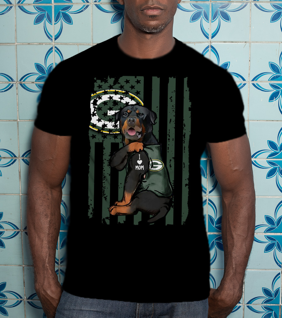 Rottweiler I Love Mom Green Bay Packers Logo Patriotic Flag T-Shirt