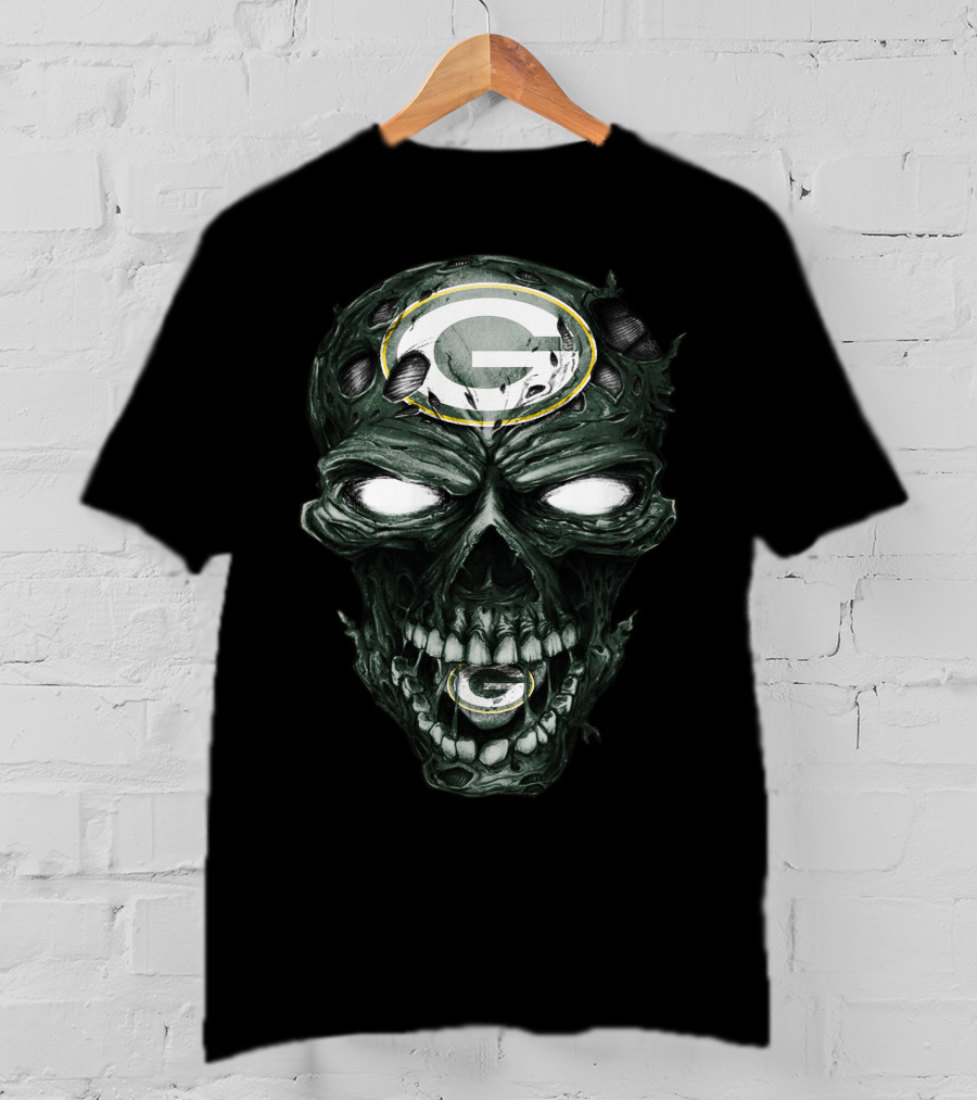Green Bay Packers Skull Face With Team Logo Eyes T-Shirt