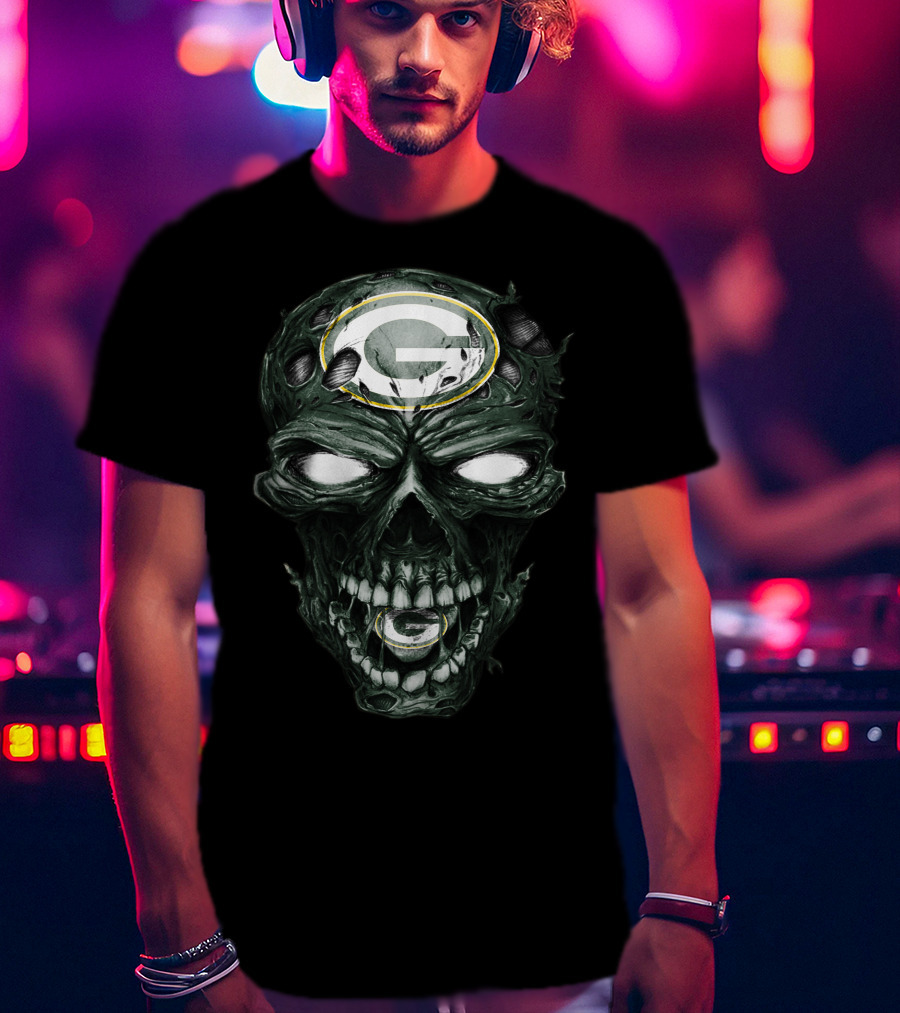 Green Bay Packers Skull Face With Team Logo Eyes T-Shirt
