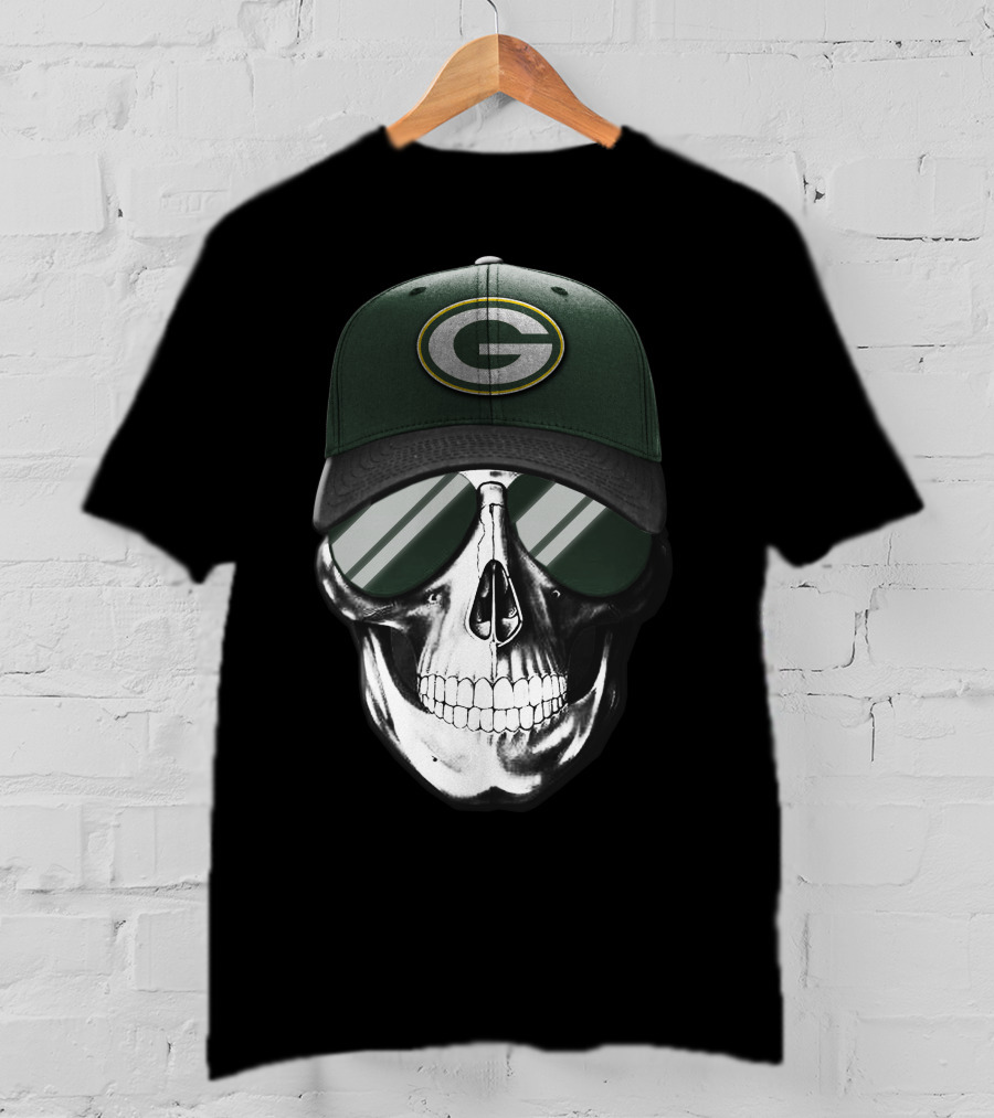 Skull Wearing Green Bay Packers Cap With Sunglasses T-Shirt