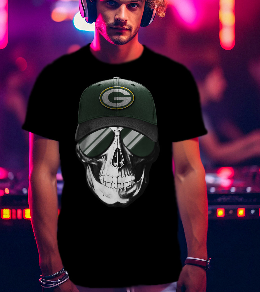 Skull Wearing Green Bay Packers Cap With Sunglasses T-Shirt