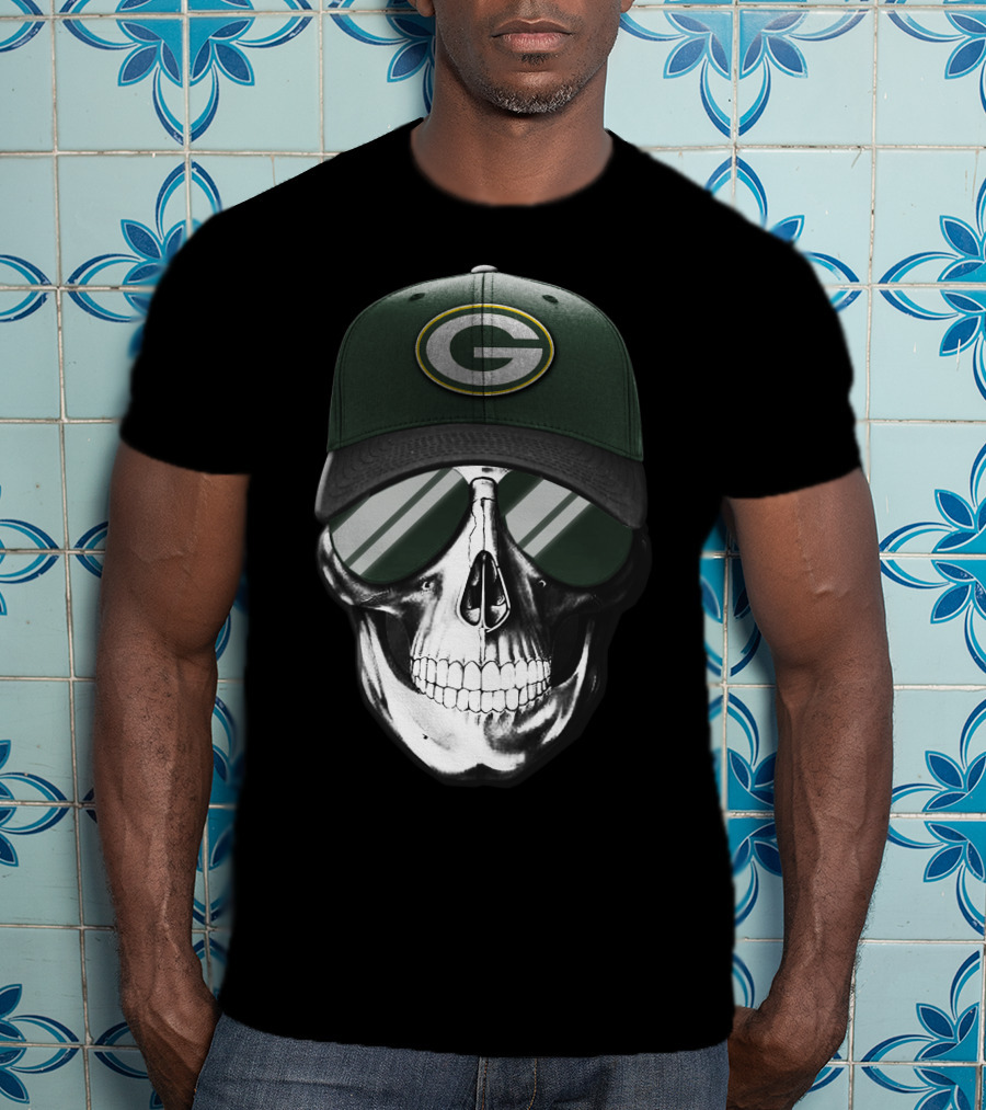 Skull Wearing Green Bay Packers Cap With Sunglasses T-Shirt