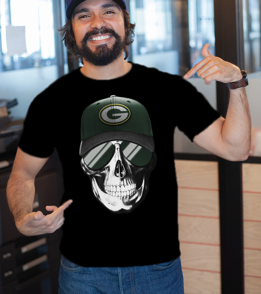 Skull Wearing Green Bay Packers Cap With Sunglasses T-Shirt