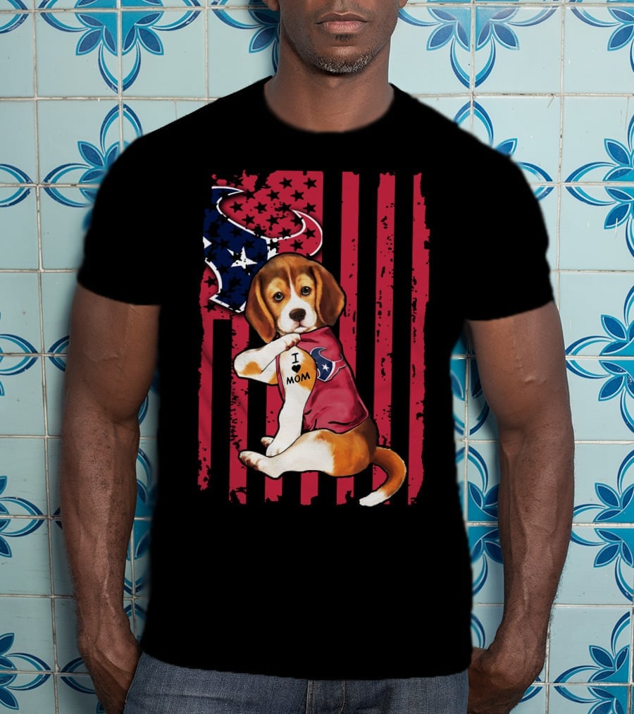 Beagle I Love Mom Houston Texans Stars And Stripes Flag T-Shirt