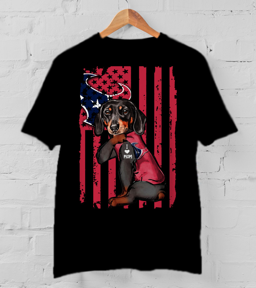 Dachshund I Love Mom Houston Texans Usa Flag Football T-Shirt