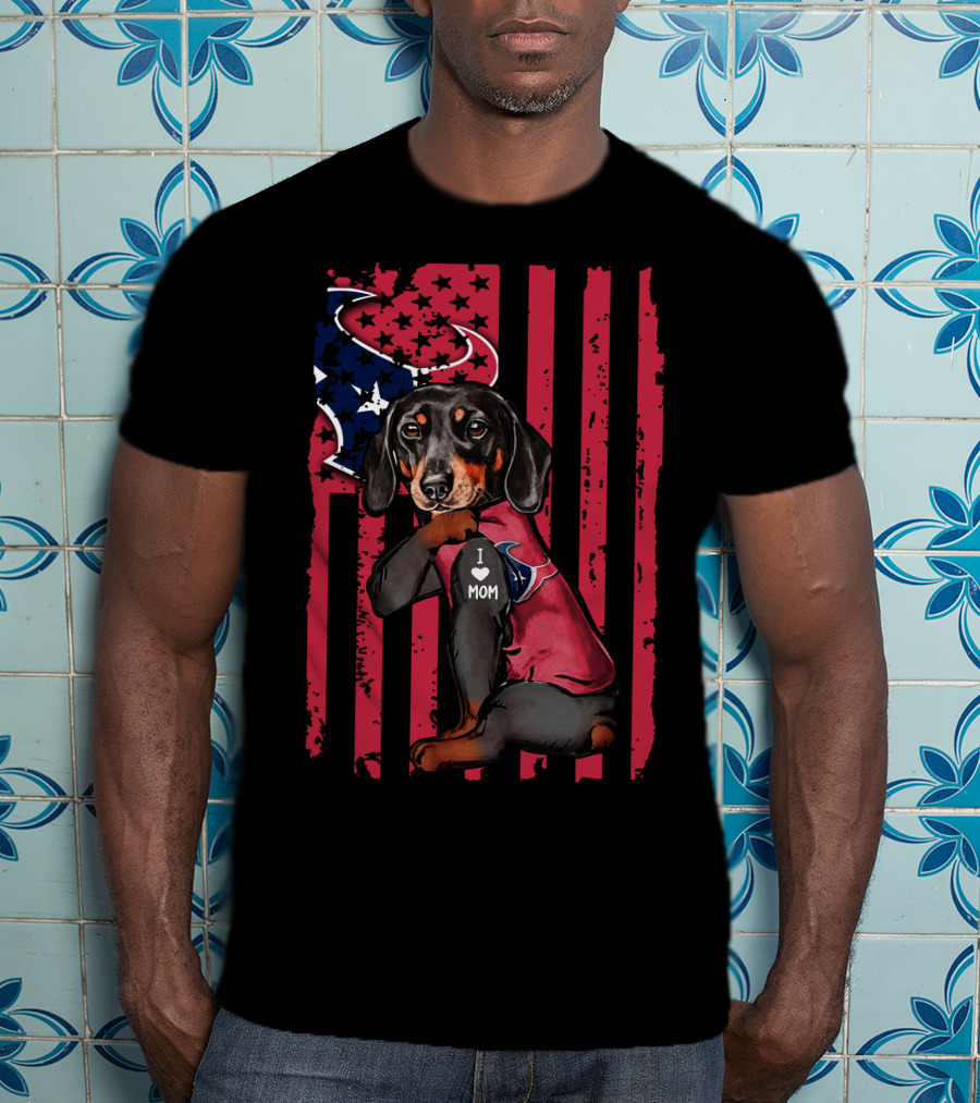 Dachshund I Love Mom Houston Texans Usa Flag Football T-Shirt