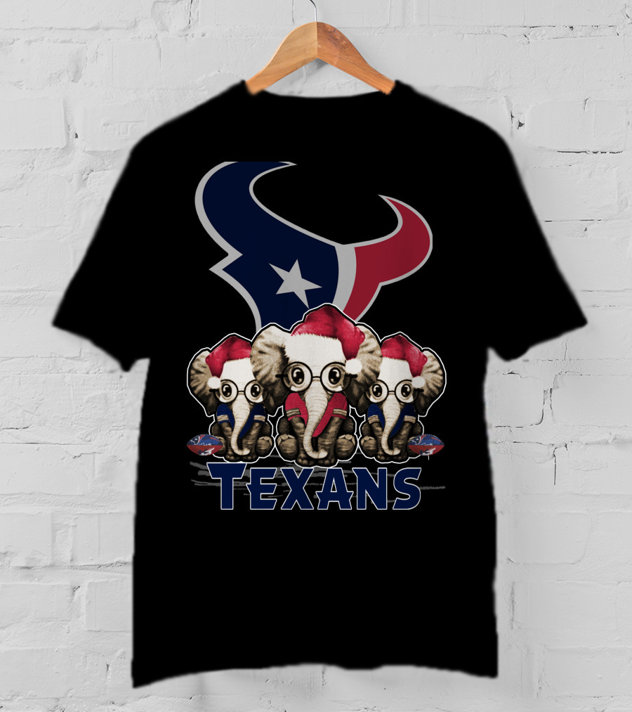 Houston Texans Elephant Xmas With Santa Hats And Glasses T-Shirt