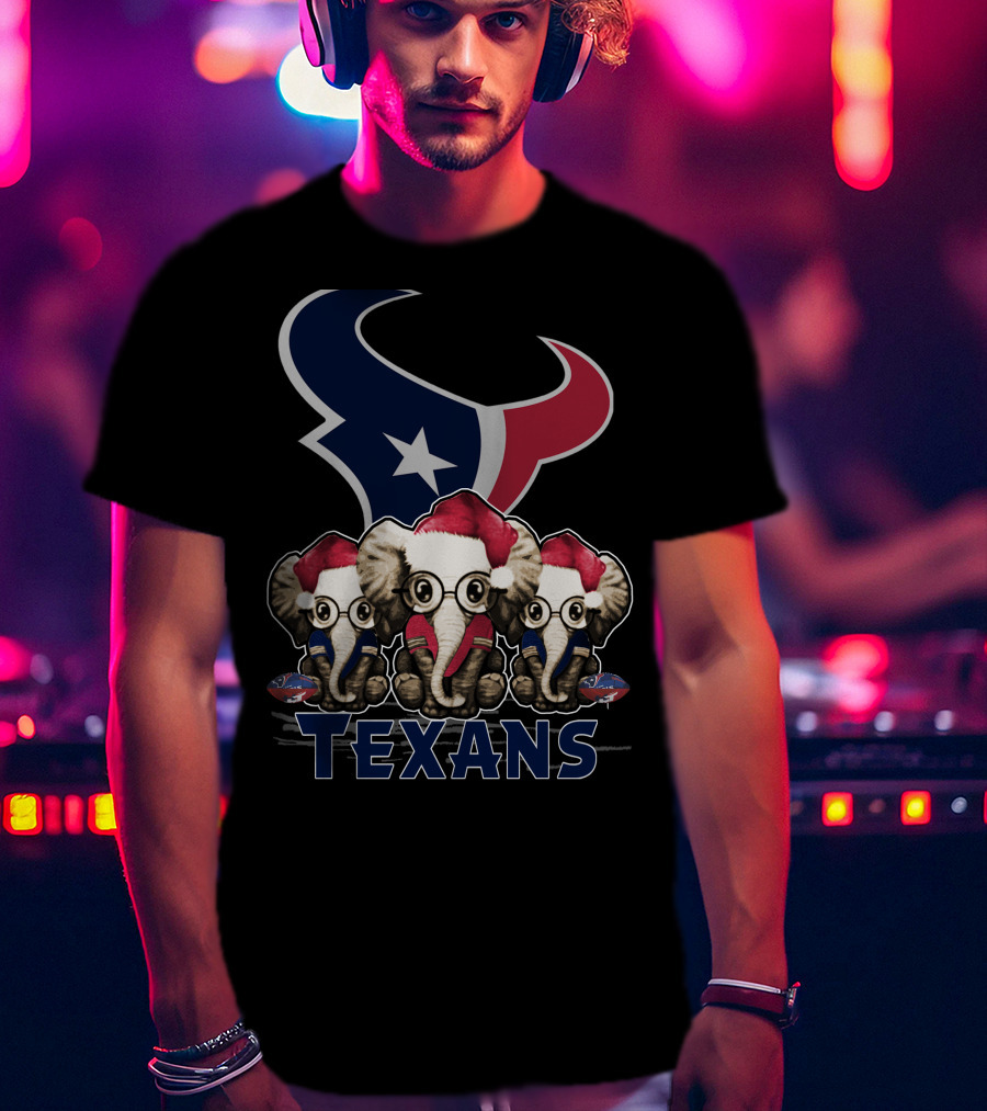 Houston Texans Elephant Xmas With Santa Hats And Glasses T-Shirt