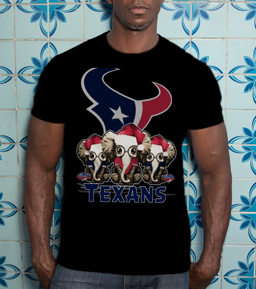 Houston Texans Elephant Xmas With Santa Hats And Glasses T-Shirt