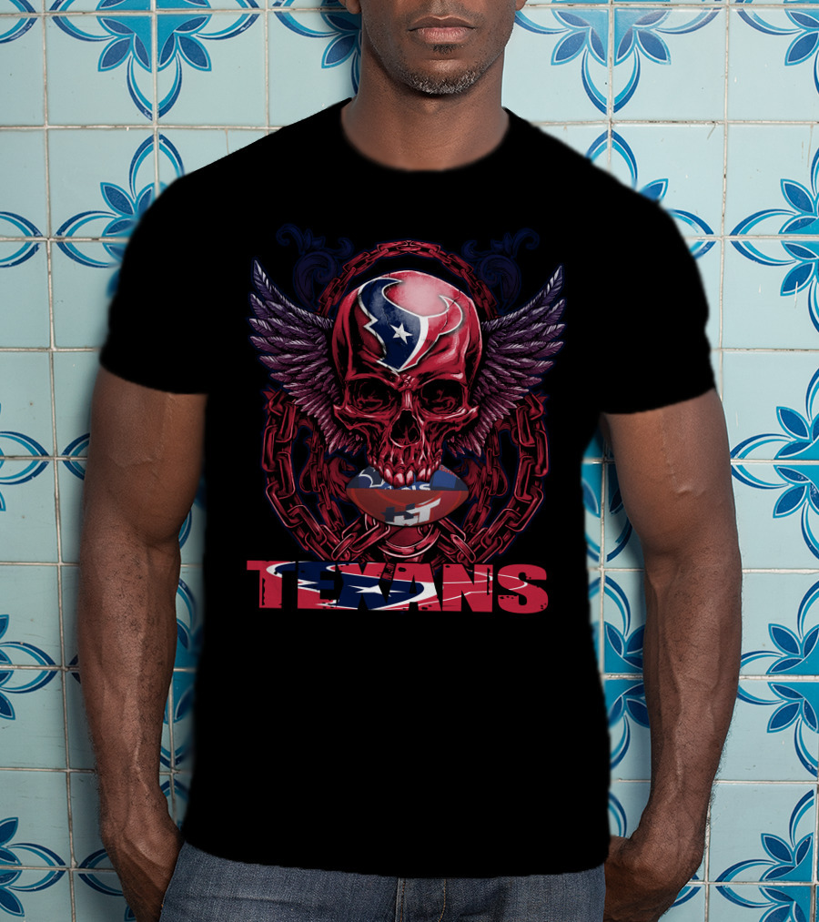 Skullfb Texans Winged Skull With Chains And Football Elements T-Shirt