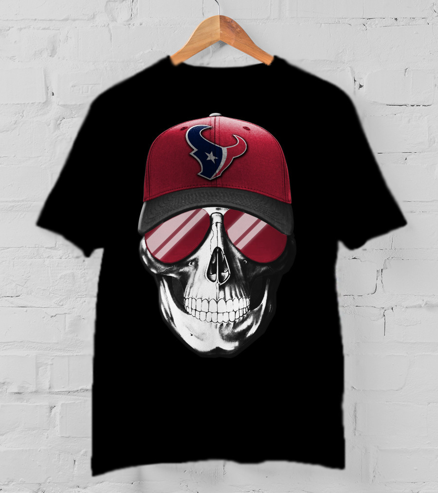 Skull With Red Cap Featuring Houston Texans Logo And Reflective Sunglasses T-Shirt