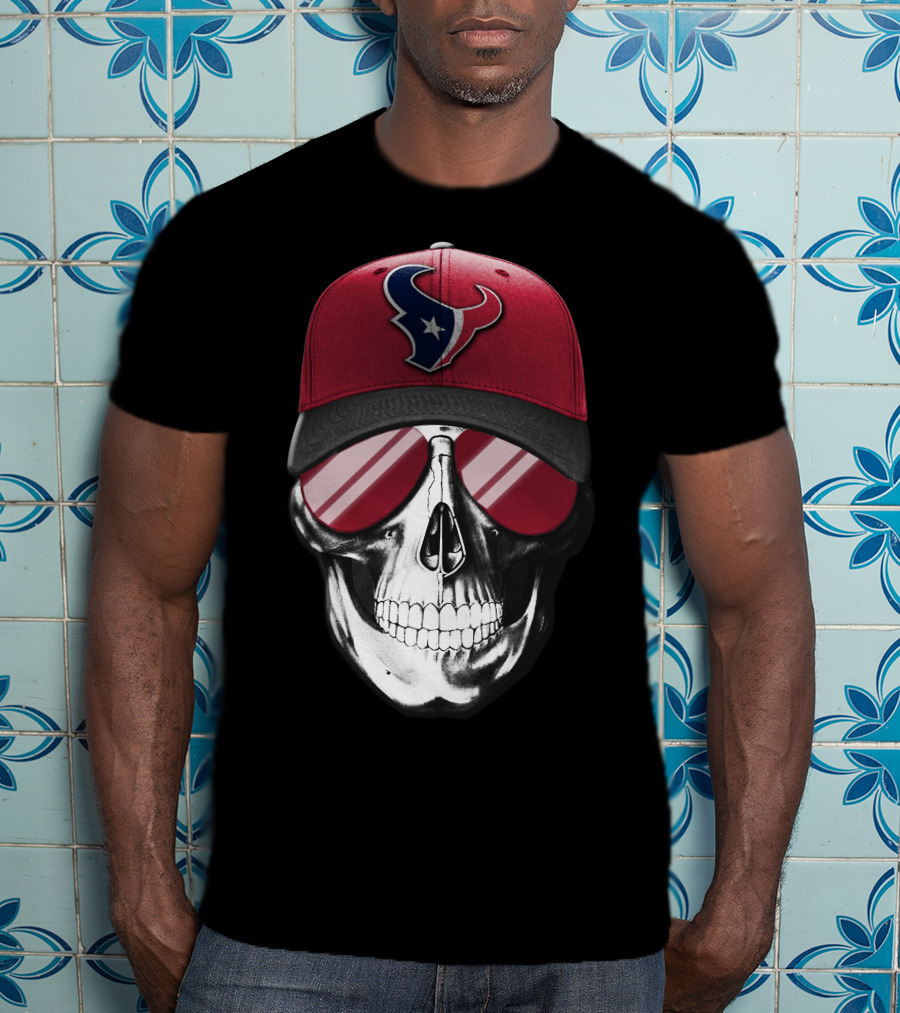 Skull With Red Cap Featuring Houston Texans Logo And Reflective Sunglasses T-Shirt