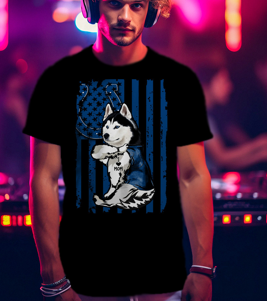 Siberian Husky Mom Colts American Flag T-Shirt
