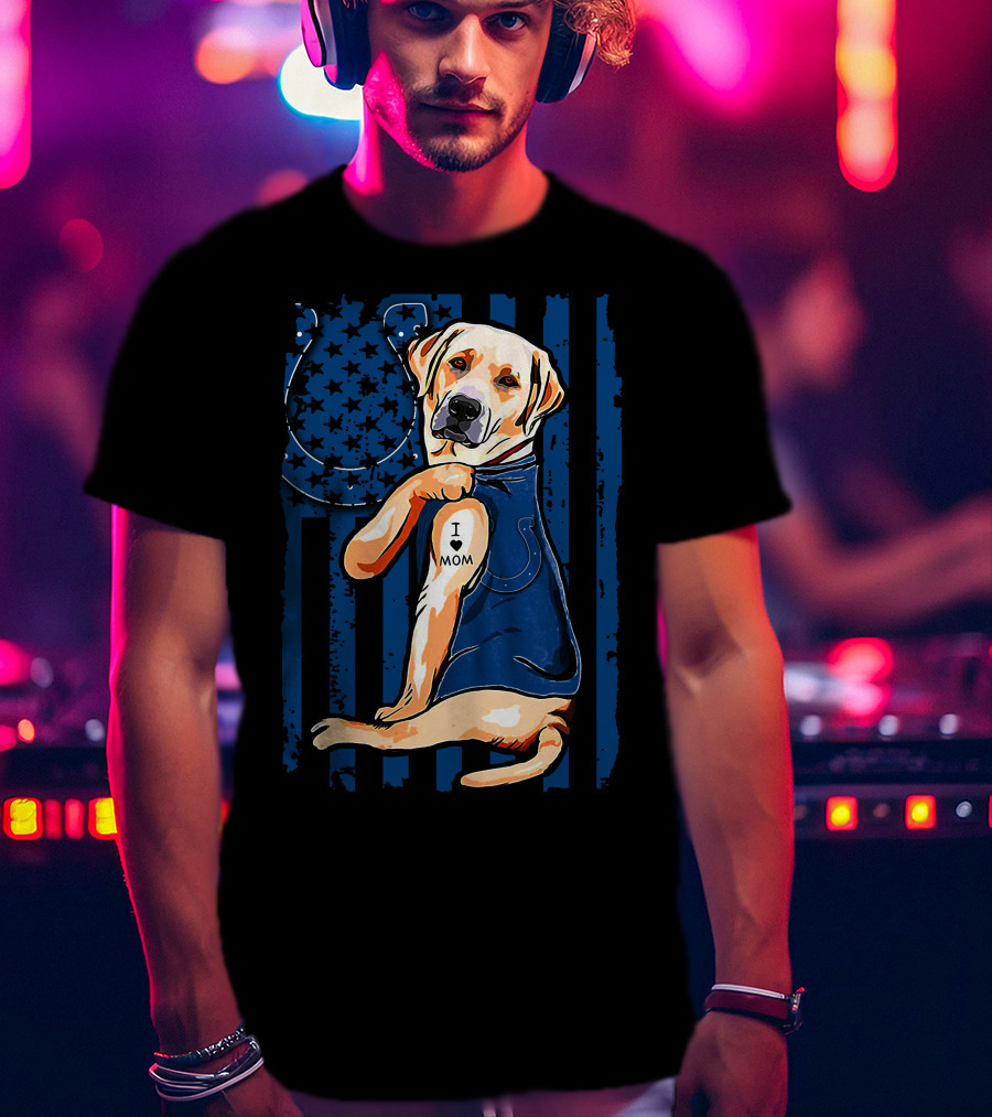 Labrador Retriever With Indianapolis Colts Horseshoe And I Love Mom Tattoo T-Shirt