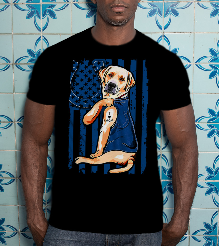 Labrador Retriever With Indianapolis Colts Horseshoe And I Love Mom Tattoo T-Shirt