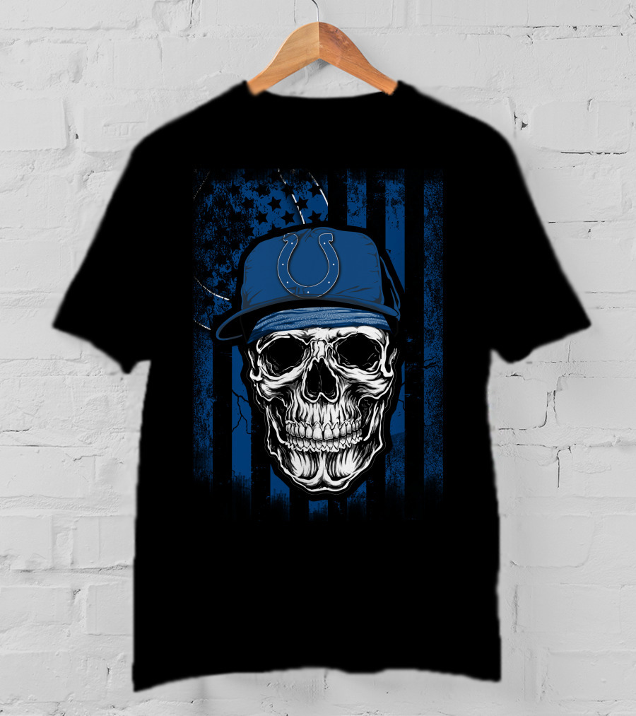 Indianapolis Colts Skull With Blue Flag Background T-Shirt