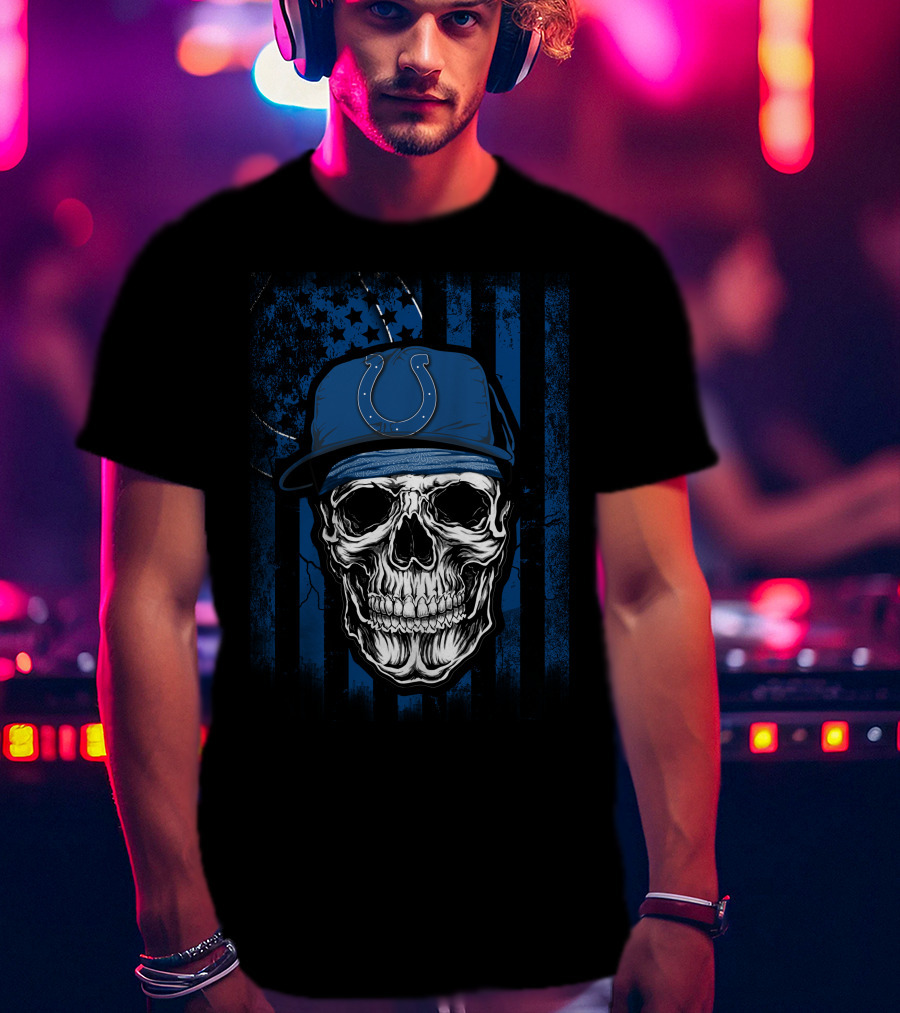 Indianapolis Colts Skull With Blue Flag Background T-Shirt