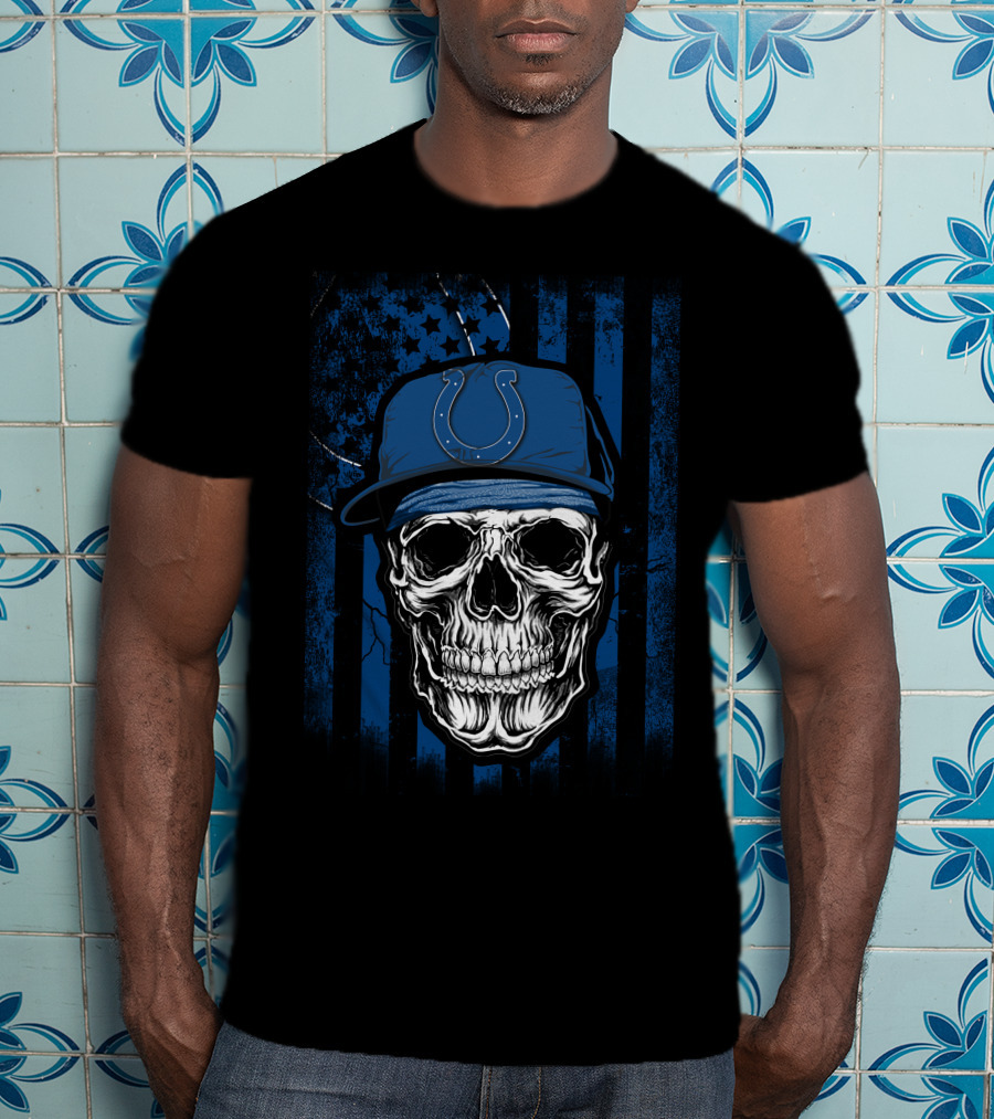 Indianapolis Colts Skull With Blue Flag Background T-Shirt