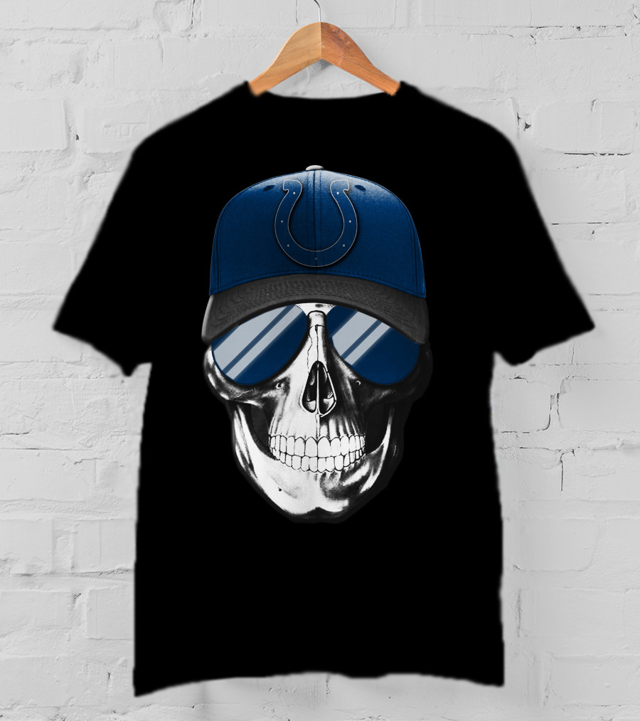Indianapolis Colts Skull With Blue Cap And Sunglasses T-Shirt
