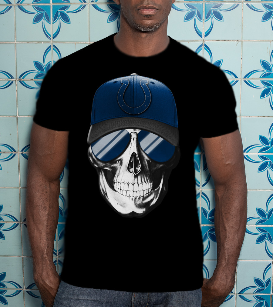 Indianapolis Colts Skull With Blue Cap And Sunglasses T-Shirt
