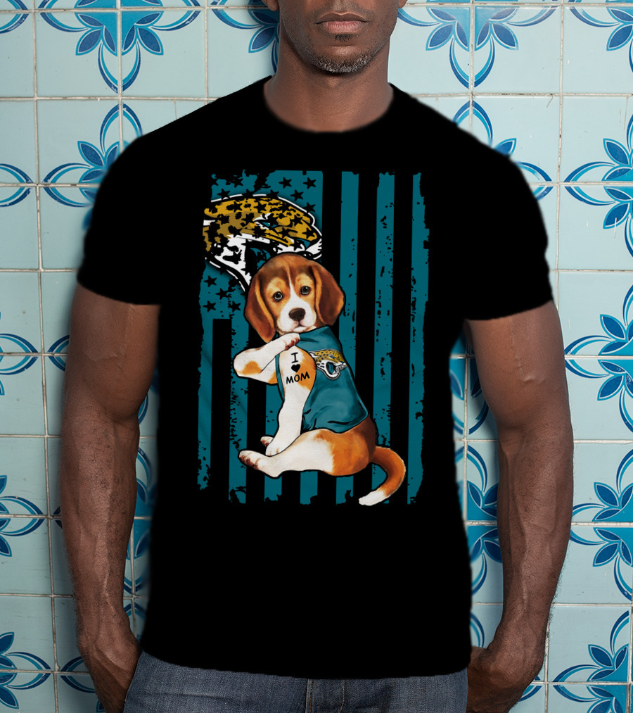 Beagle Wearing Jacksonville Jaguars Jersey With I Love Mom Tattoo And Jaguar T-Shirt