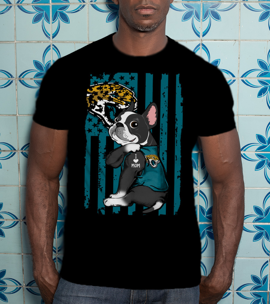 Boston Terrier I Love Mom Jacksonville Jaguars Fan Flag T-Shirt