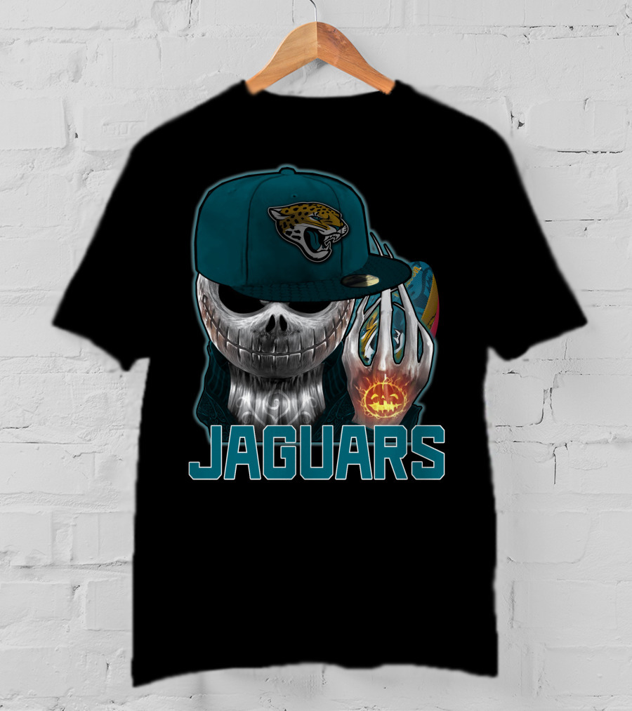 Jackskull Jaguars Halloween Skull Holding Pumpkin With Jaguars Logo Hat T-Shirt