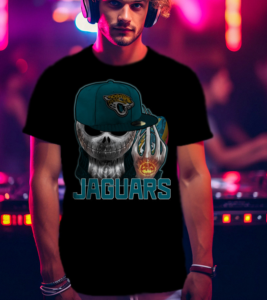 Jackskull Jaguars Halloween Skull Holding Pumpkin With Jaguars Logo Hat T-Shirt