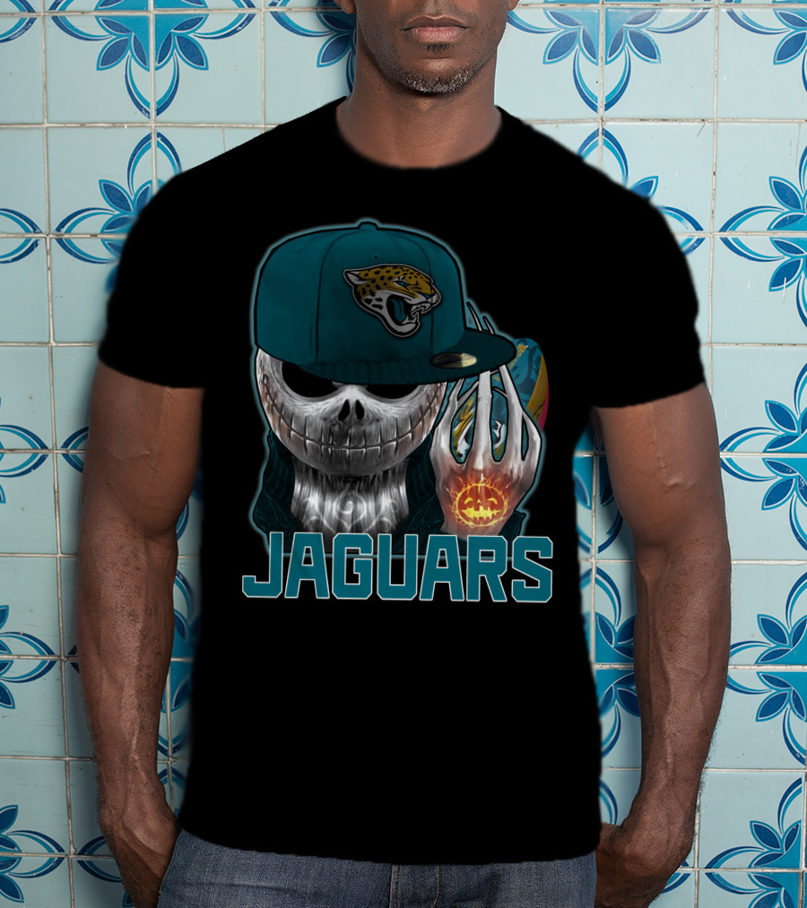 Jackskull Jaguars Halloween Skull Holding Pumpkin With Jaguars Logo Hat T-Shirt