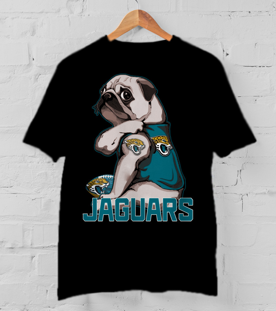 Jaguars Pug Wearing Jacksonville Logo Shirt With Team Football T-Shirt