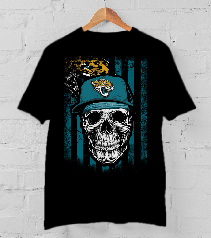 Skull In Jacksonville Jaguars Cap With Teal Stripes T-Shirt